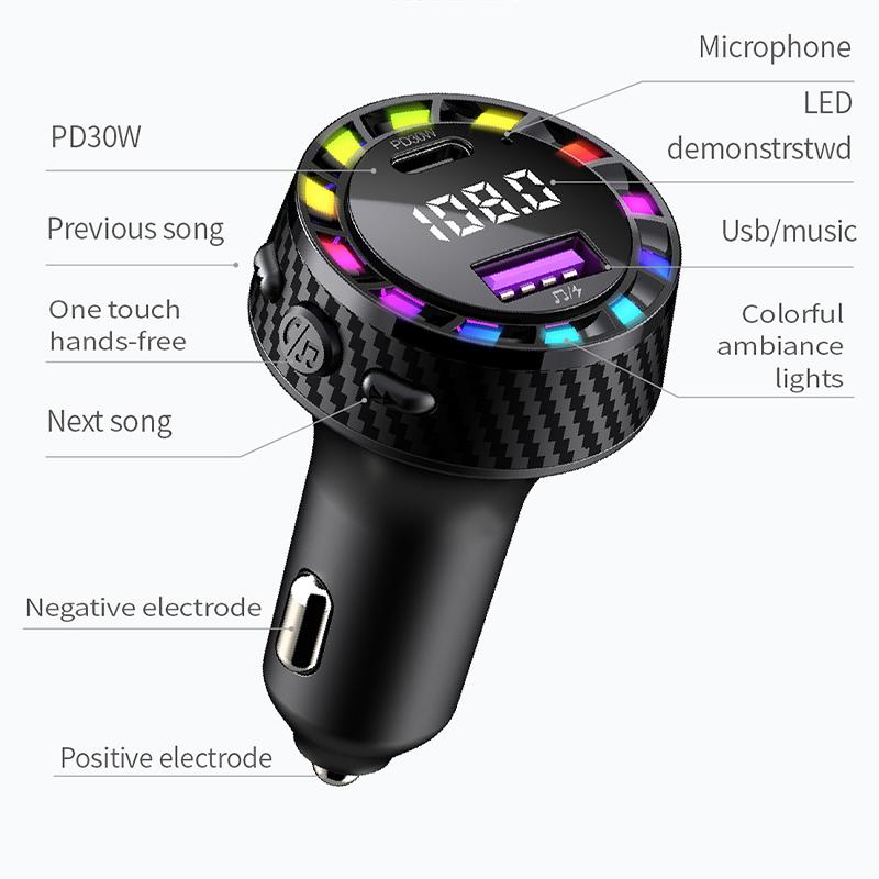 

C55 USB+Type-C Car Fast Charger Bluetooth-compatible FM Transmitter with Breathing Light Type A