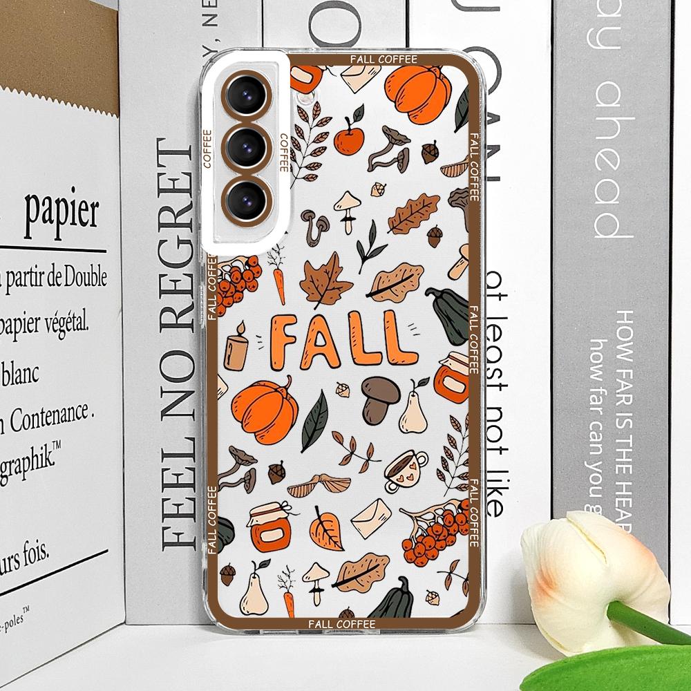 Fall Maple Leaf Pumpkin Coffee Transparent Phone Case for Samsung Galaxy S25 S24 S23 Ultra S22 S21 S20 Plus S24 FE 5G Soft Cover