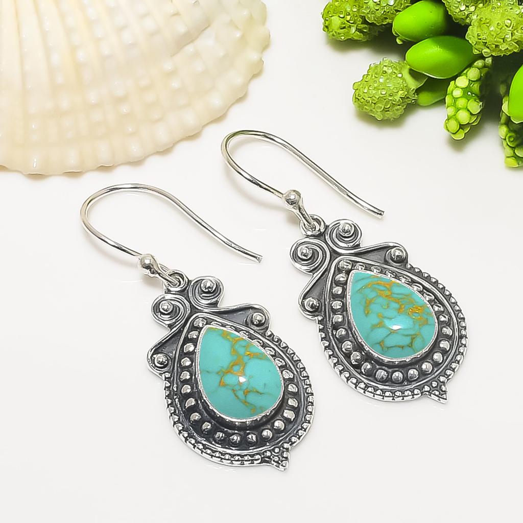 Copper Turquoise 925 Sterling Silver Earring V7399, Cyan Earring, Pear Earring, Valentin's Day Gift, Gift For Her, Birthday Gift, Handmade Jewelry, Si