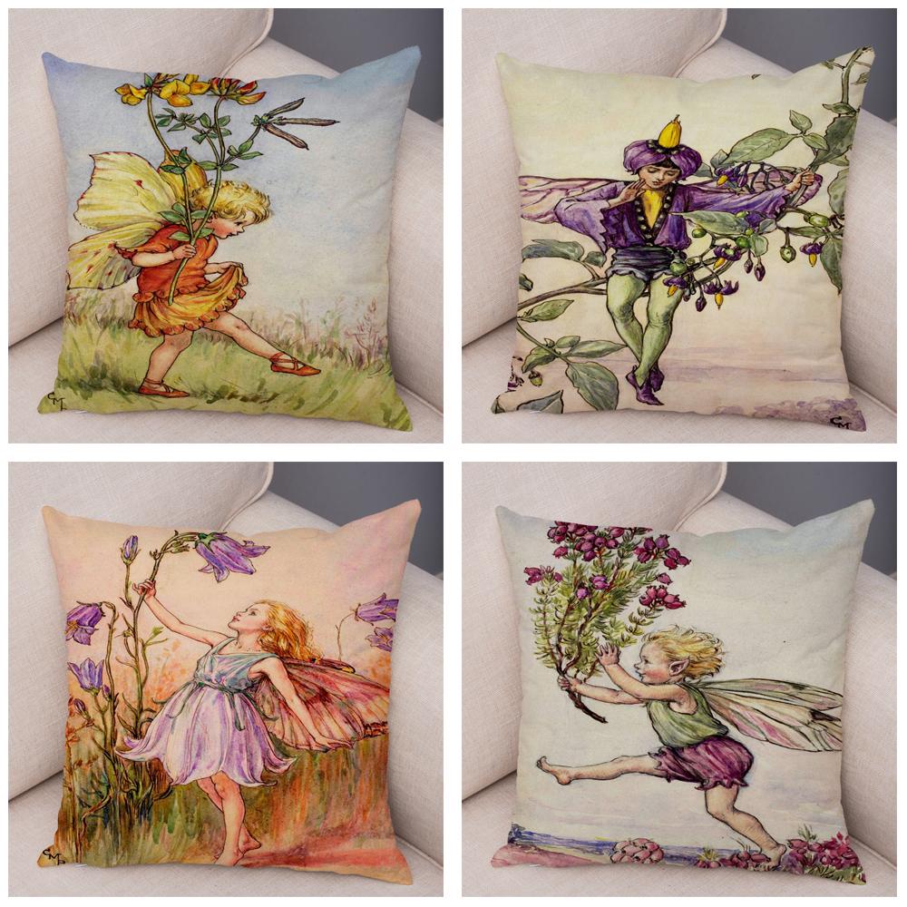 Colorful Fairy Tale World Elves Cushion Cover Decor Cute Cartoon Flower Girl Pillow Case for Sofa Home Polyester Pillowcase