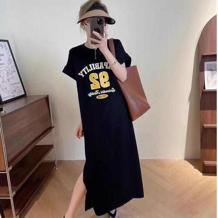2026 New Korean Version T-shirt Skirt Short-sleeved Large-size Women's Fat Mm Loose Casual Large-size Belly-covering Long Dress