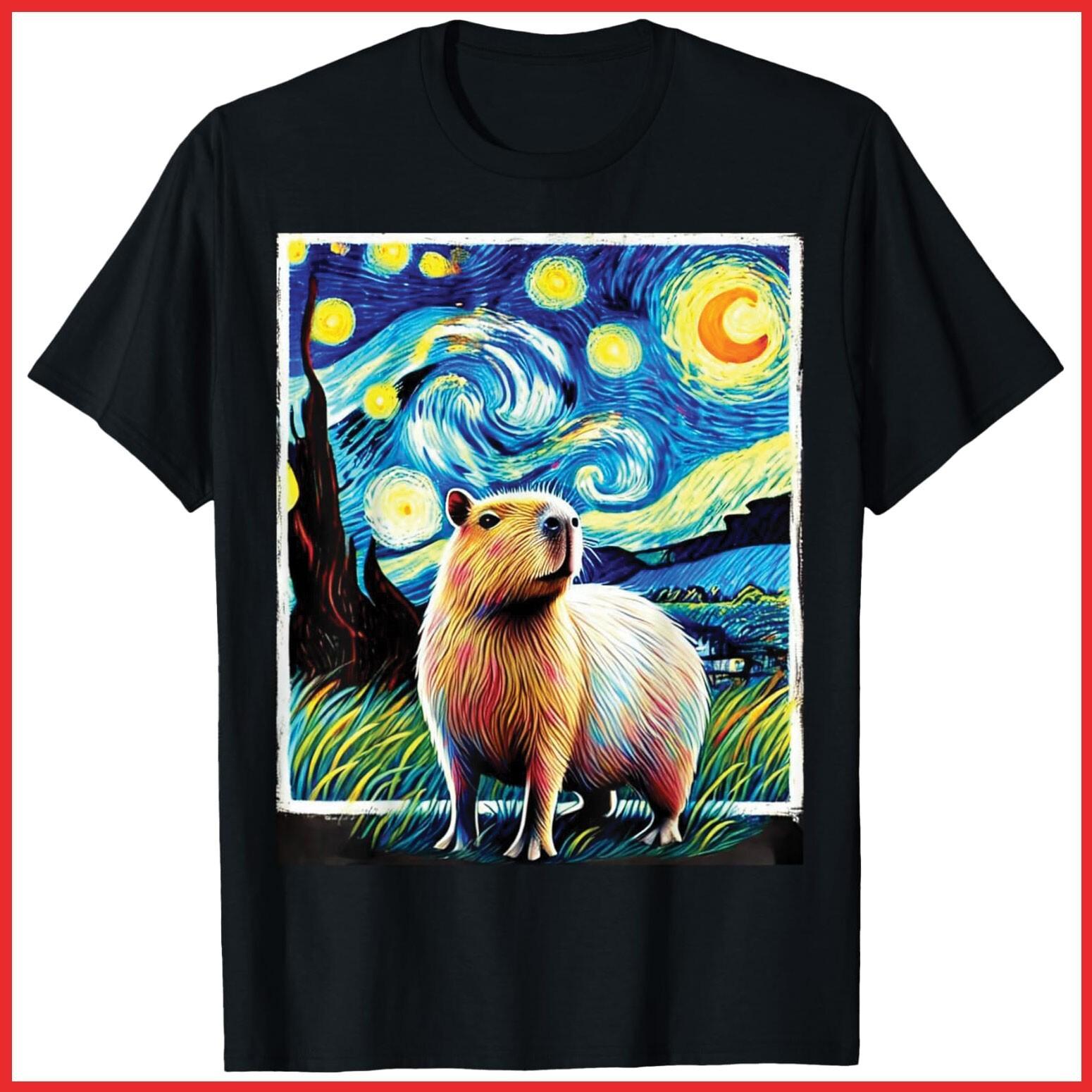 Funny Capybara Van Gogh Style Starry Night Black Cotton T-Shirt S-5XL M