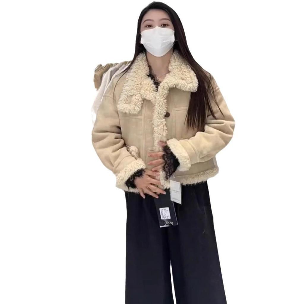Women's 2024 Winter Shearling Lambswool Jacket, Small Size, Thick Suede Top