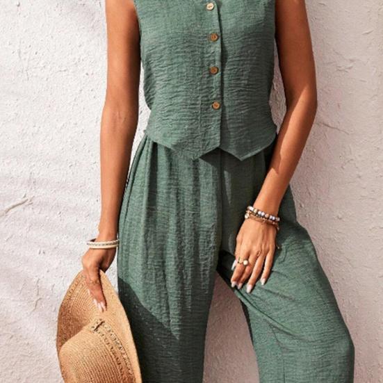 Women's Summer Two Piece Outfit Sleeveless V Neck Button Down Vest High Waist Wide