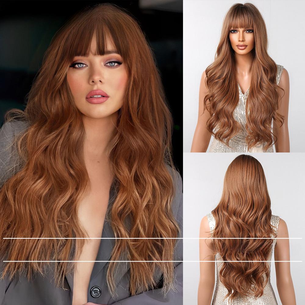 Temperament New Wig, Qi Bangs Golden Brown Big Wavy Long Curly Hair Simulation Natural Chemical Fiber Wig Cover