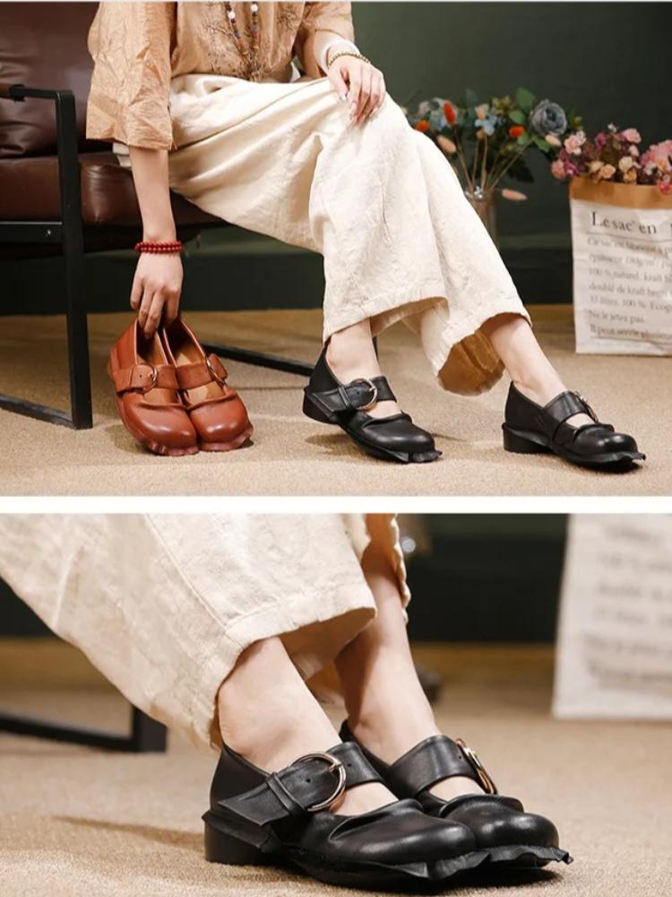 Johnature Retro Lace Thick Heeled Soft Soled Shoes Genuine Leather Women's Mid Heel Pumps