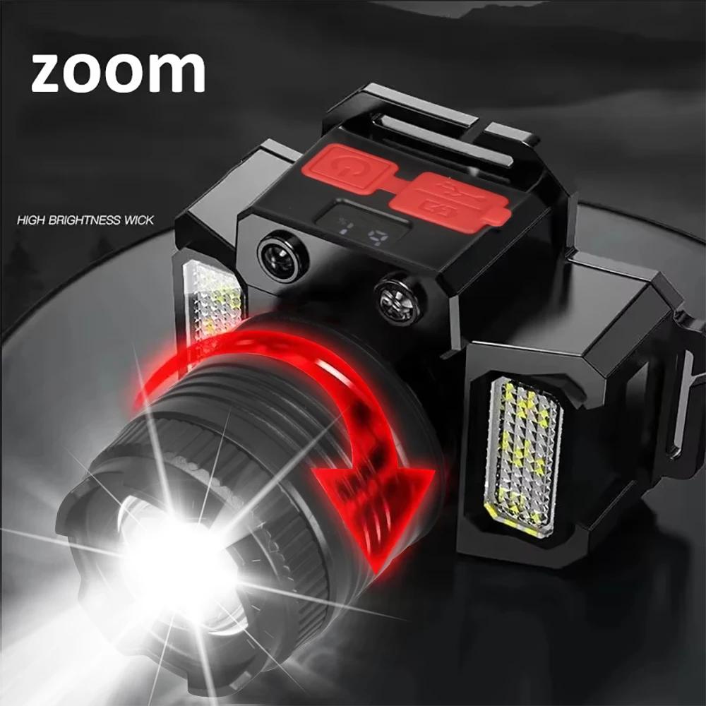 LED Intelligent Sensing Headlight Head Mounted Strong Light Flashlight Outdoor Work Light Electric Display Fishing Light