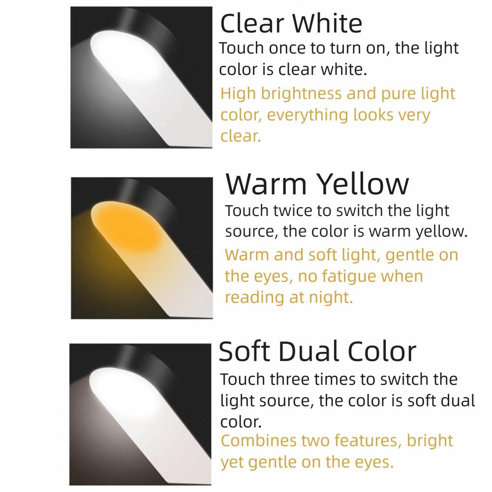 Adjustable Book Clip Lamp 360 Degree Bending Portable Clamp Night Light 3 Colors Touch Dimming LED Reading Lights Bedside