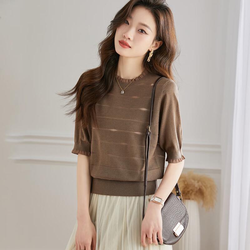 Srcr Damen Kurzarm Wollmischung Spitze Besatz Cropped Stricktop