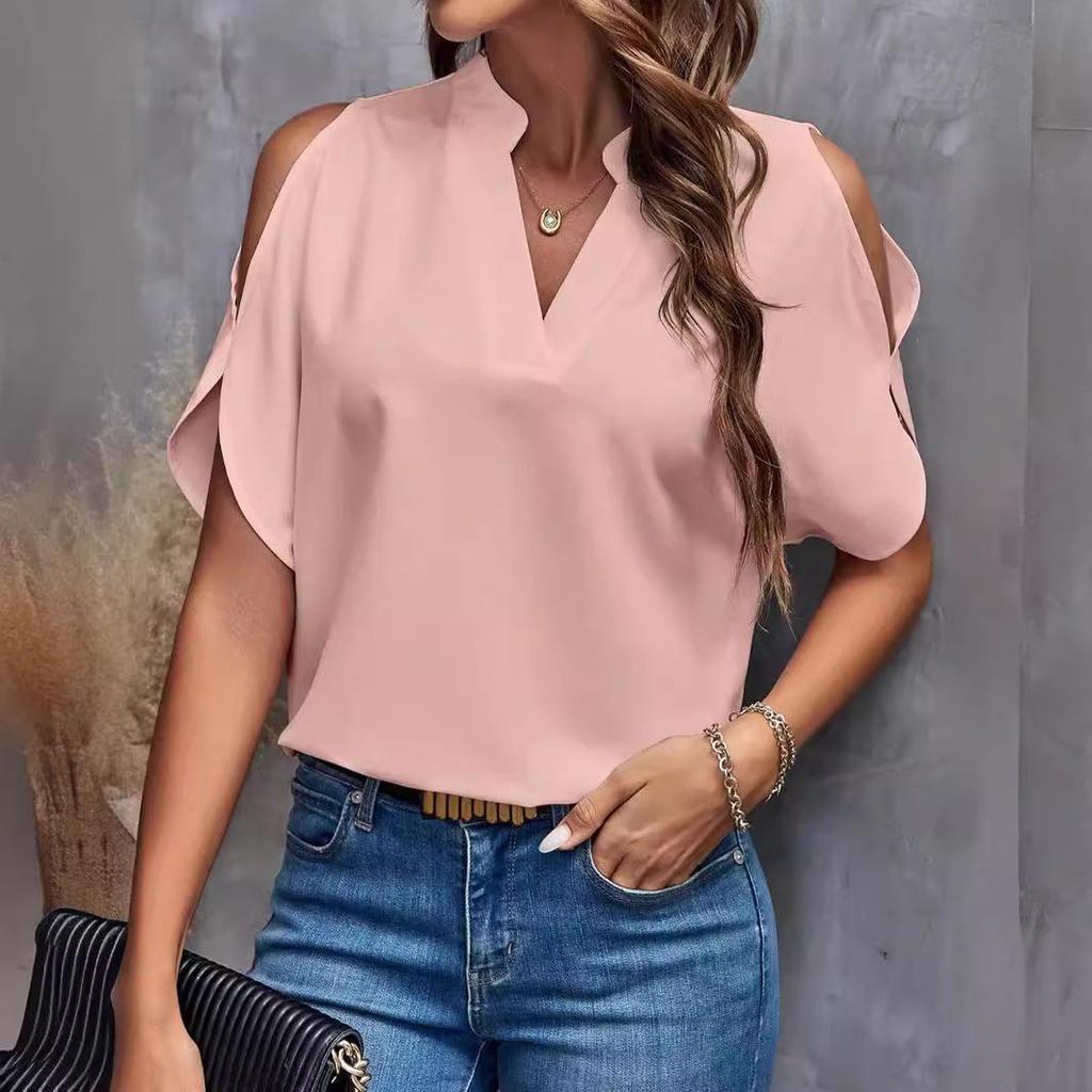 2024 European American Women's Summer Solid V-Neck Off-Shoulder Fashion Top