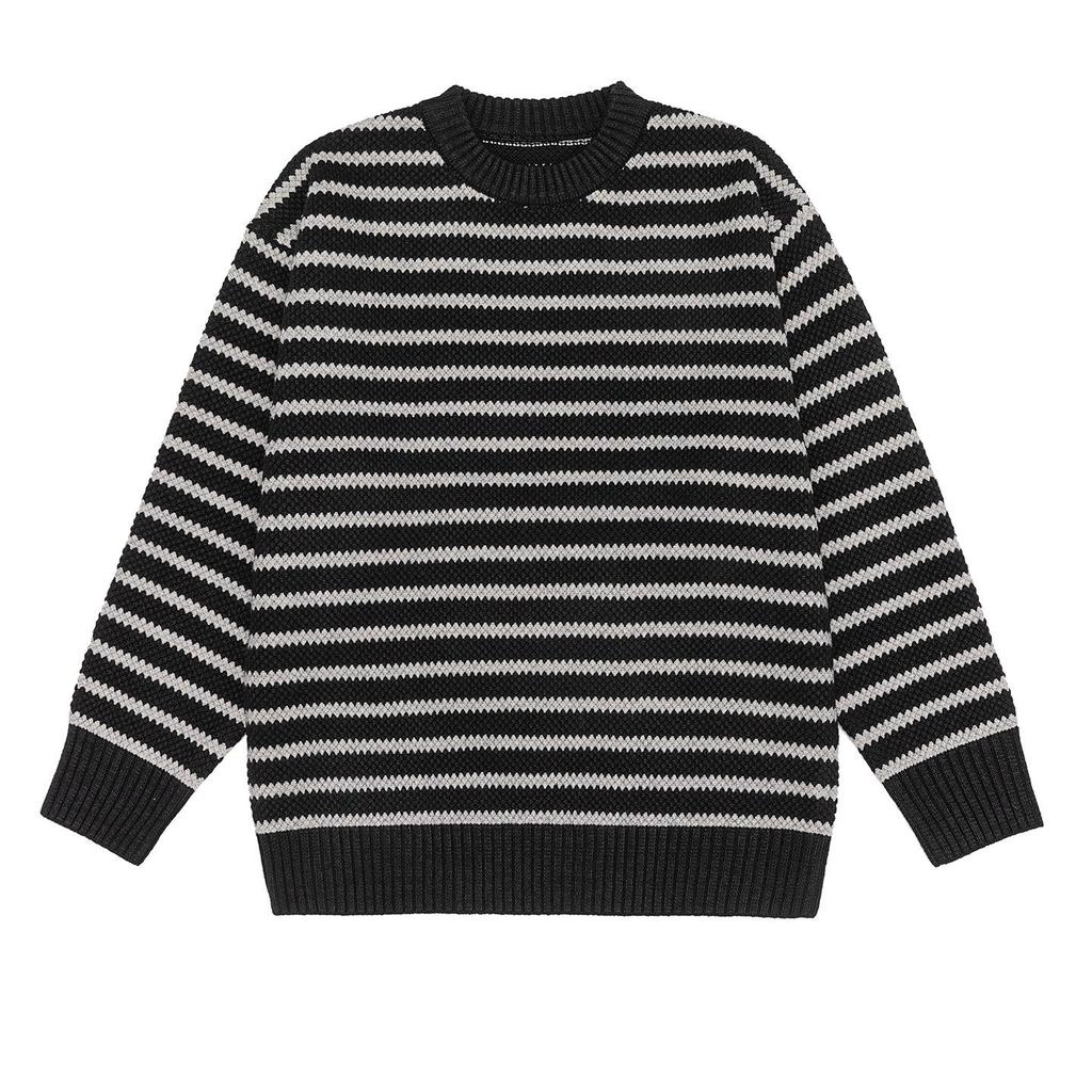 2025 Men's American-Style Striped Knit Sweater: Round Neck, Thick, Plus Size, Warm Autumn/Winter Layer