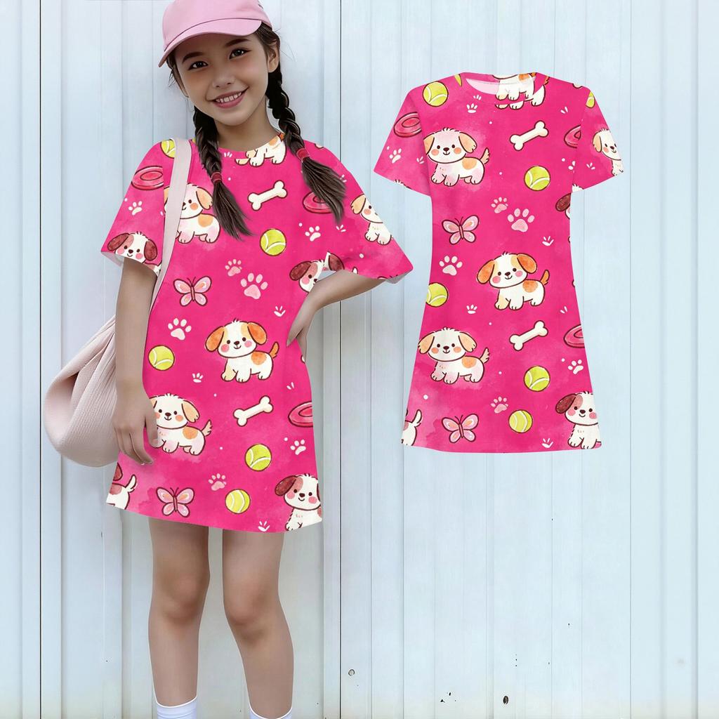 Girls Animal Print Dress Loose Fit Short Sleeve Round Neck Lightweight Summer Dress for Kids Casual Wear