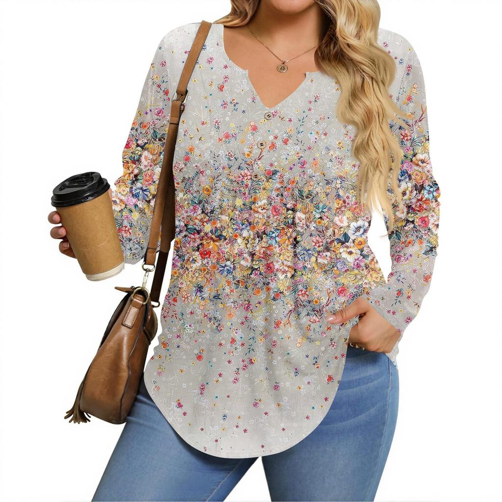 Womens Plus Size Long Sleeve Shirts  V Neck Tunic Tops Basic Loose Fit Tee Tops