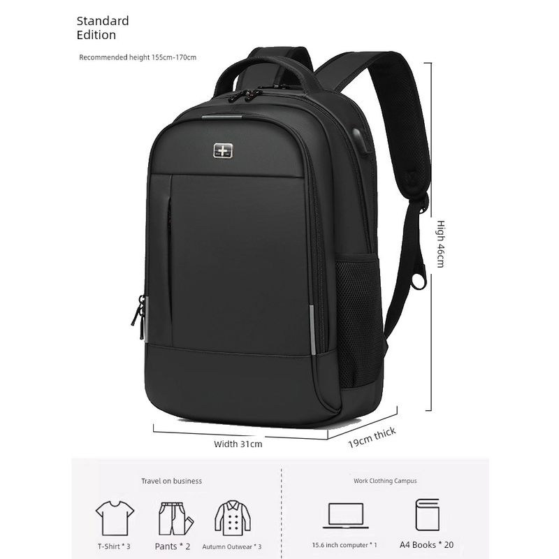

Swiss Army Knife Large Capacity Business Trip Men s Backpack Black small size upgrade (15.6 inches)