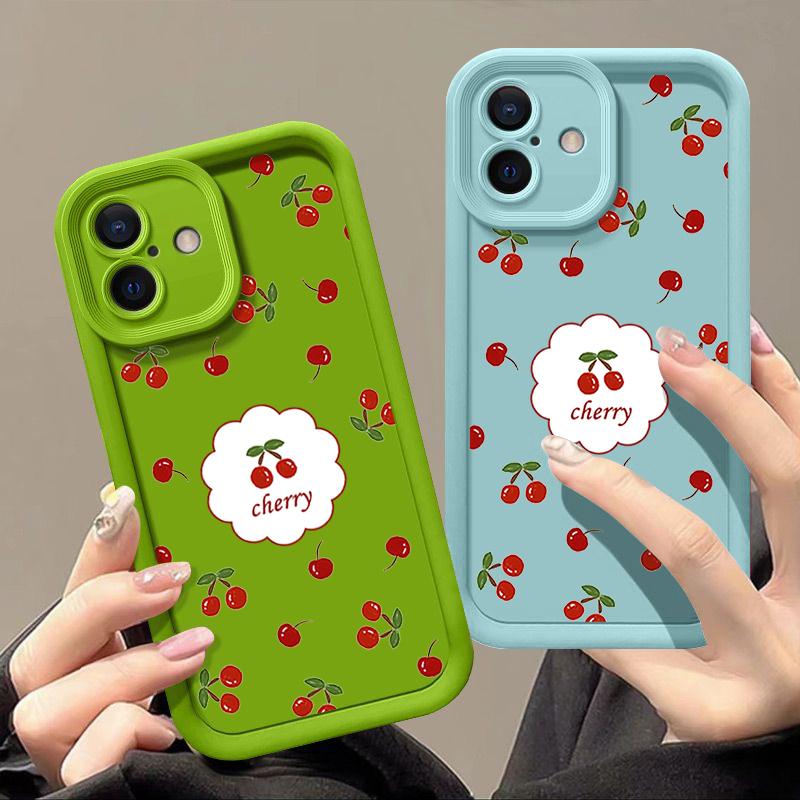 For iPhone 16 Pro 15 14 Plus 13 12 Pro Max 11 Xs Xr 8 7 Kirsebærmønster Matt Støtsikker Myk Tpu Linsebeskyttelse Anti-Fall Godterifarge Deksel