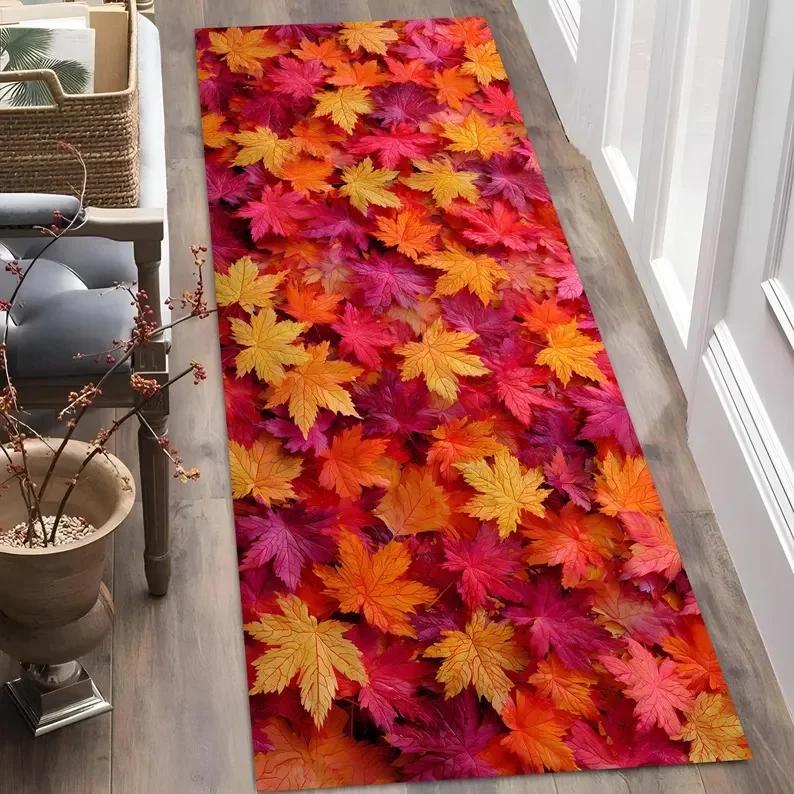 Vibrant Leaf Pattern Runner Rug Colorful Plant Print Carpet for Living Room Corridor Eye Catching Home Decor Non Slip Easy Clean