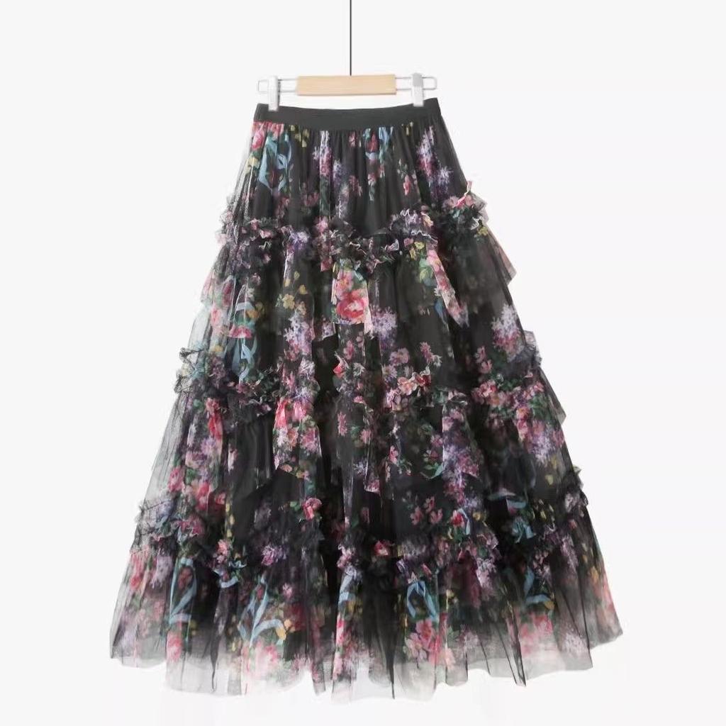 Women's Irregular Floral Half Skirt Spring and Autumn New French Style Long Skirt A-line Skirt