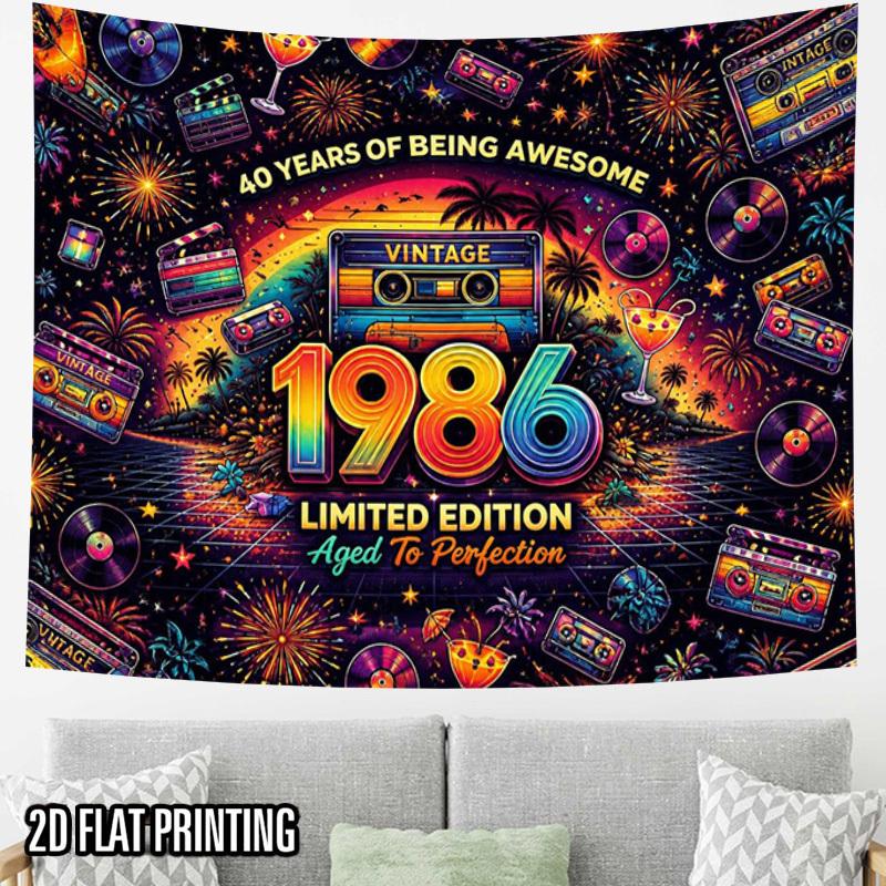 2D Flat - 2D Flat - 2D Flat Print 1pc Tapestry 1986 Retro Tape Party Wall Hanging, Vintage Music And Fireworks Decor Background Cloth Wall Decor, Wall