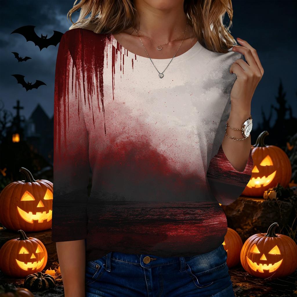 Women's Casual Crew Neck Three Quarter Sleeve Halloween Graphic T-Shirt Top Lightweight Comfortable Fit for Everyday Wear