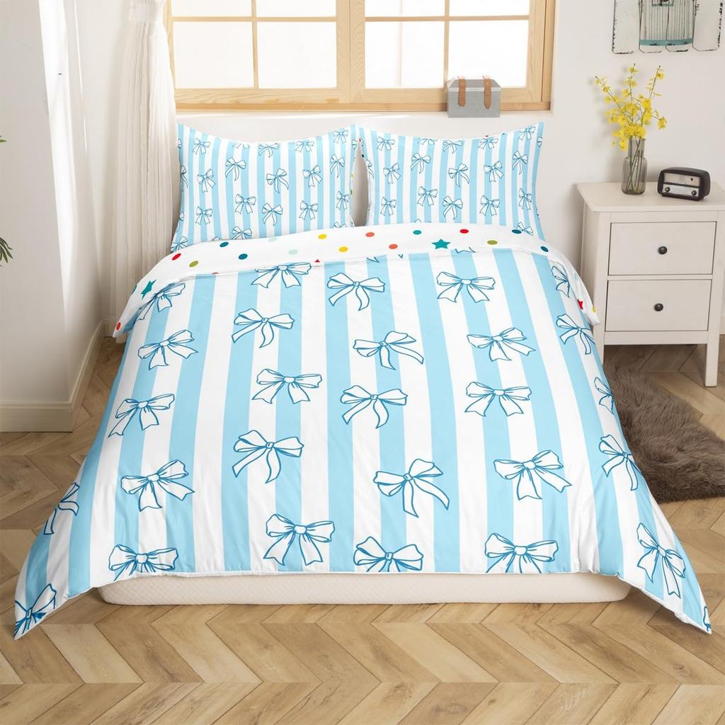 Cute Kawaii Bowknot Kids Duvet Cover Geometric Plaid Butterfly Knot  Quilt Cover For Girls Teen  Women Adults 3 Pcs  No Quilt
