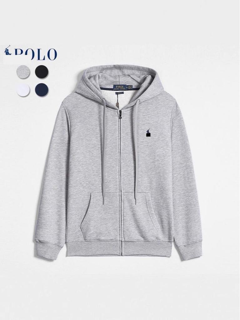 Men's Autumn/Winter Ralph Lauren Embroidered Logo Hooded Sweatshirt with Velvet Lining and Zipper.
