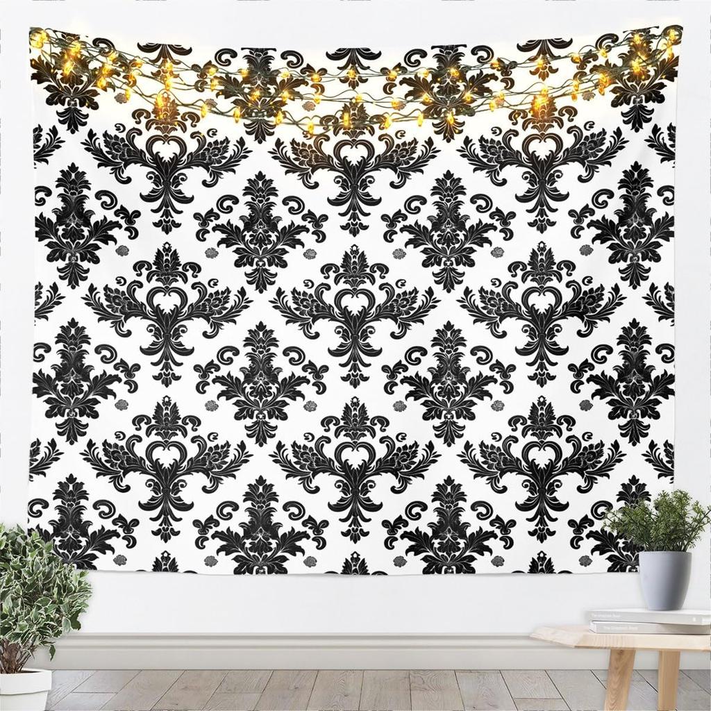 Kids Black White Wall Hanging Blanket for Boys Girls Teens Antique Victorian Baroque Wall Art Breathable Gothic Vintage Floral