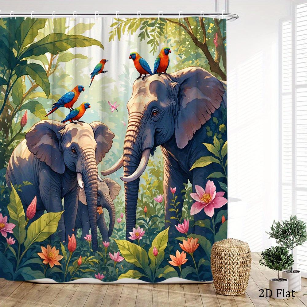 Elephant Parrot Shower Curtain 1Pc – Tropical Jungle With Colorful Birds & Lush Foliage, Wildlife Bath Curtain For Home Decor
