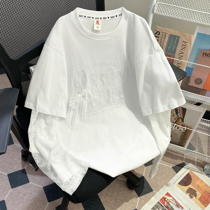 Plus Size Sequin Embroidered Mesh Two-Piece Cotton T-shirt