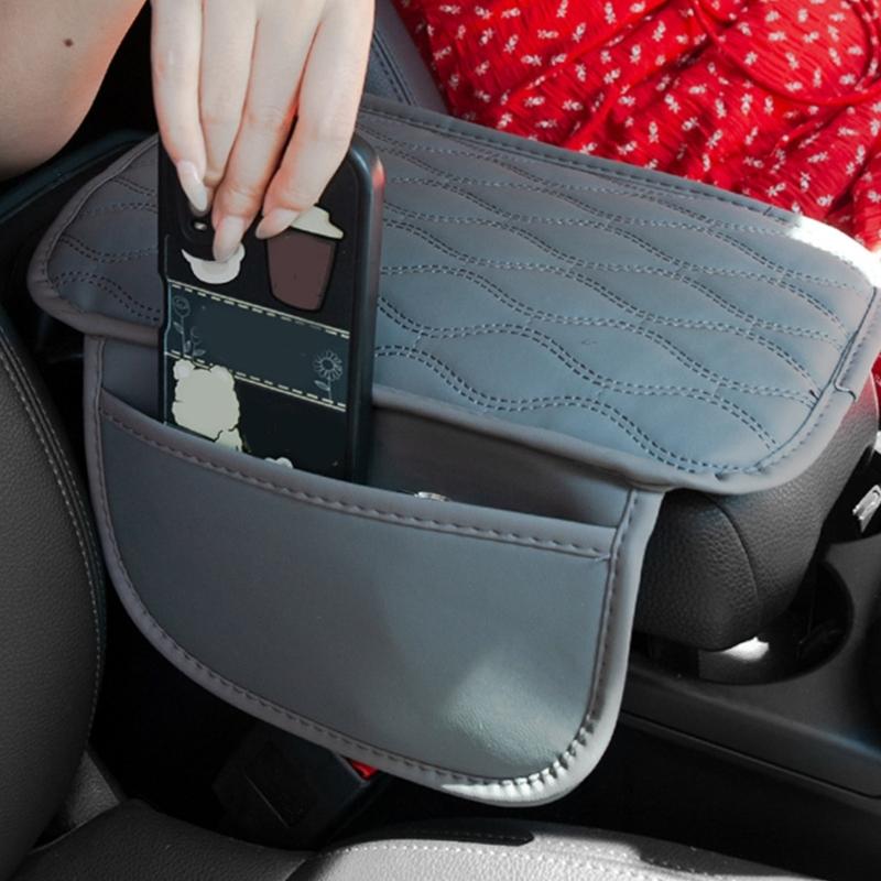 Center Console Leather Armrest Cushion Pad with 2 Storage Bags Replacement Armrest Protection Cover Quick Installation