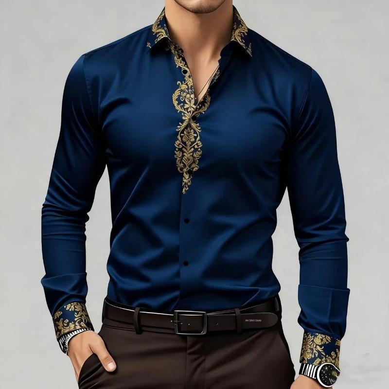 2025 Herren Neue Modische Hohe Qualität Gold Muster Satin Hohe Qualität Herren Langarm Kragen Hemd Geeignet für Party Wearin