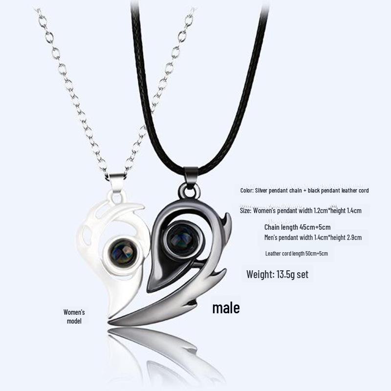 "I Love You" Projection Necklace with Magnetic Love Couple Design - Multilingual 100 Languages Pendant Pair.