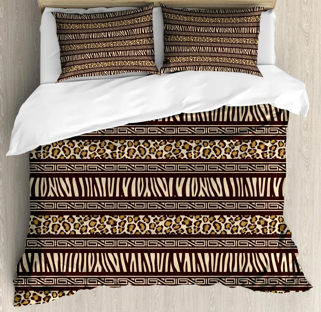 Leopard Duvet Cover Set King/Queen Size,African Predator Animal Skin Spotted Pattern Quilt Cover Brown Polyester Bedding Set