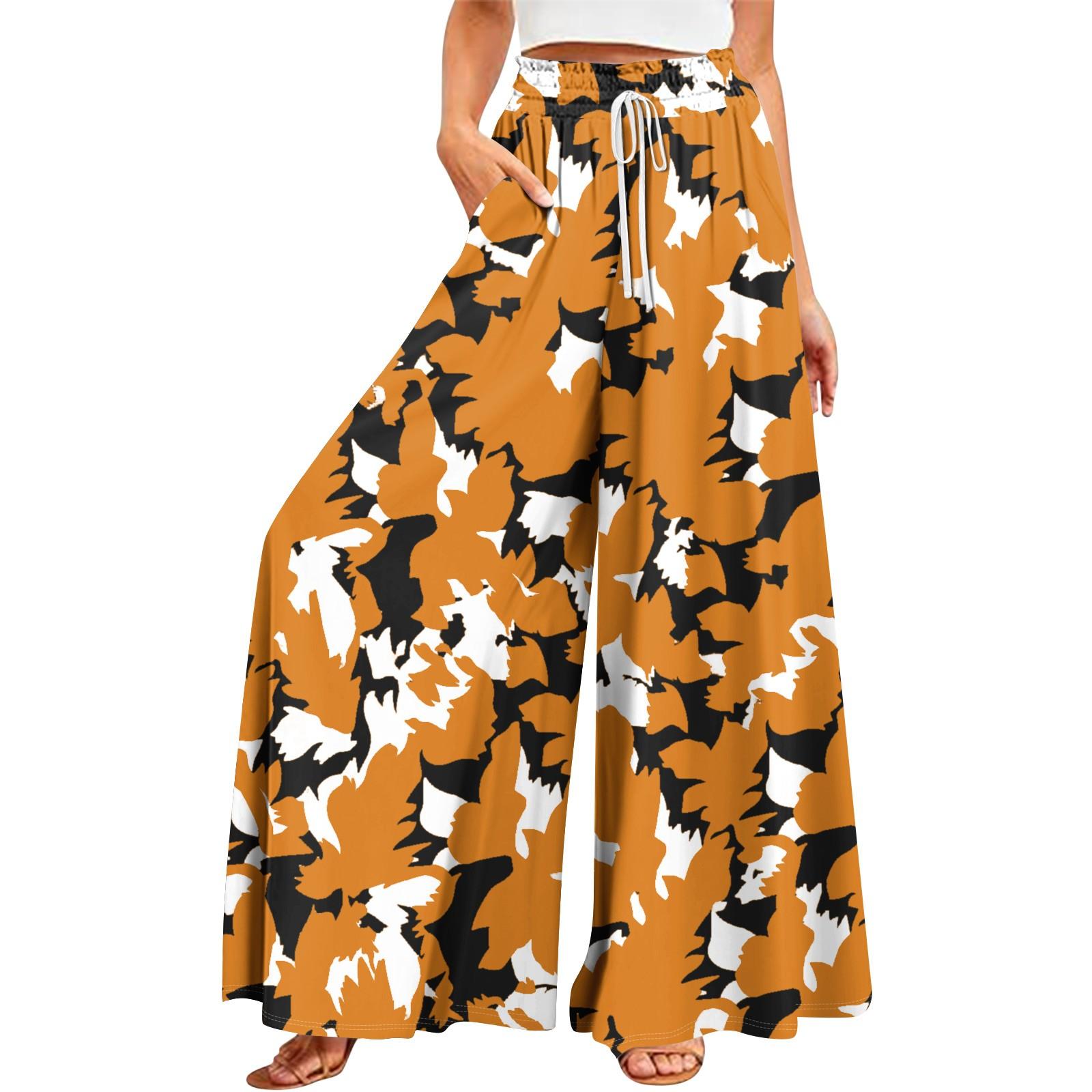 

Женские летние широкие брюки с высокой талией и струящимися карманами, модные повседневные повседневные пляжные брюки в богемном стиле с принтом L оранжевый