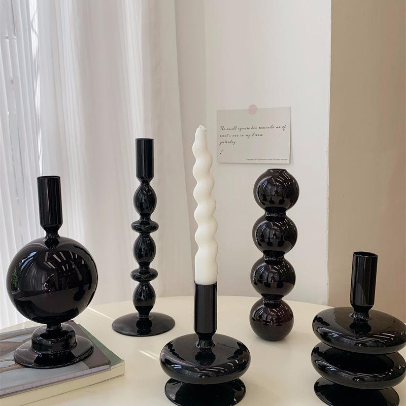 Nordic Black Glass Candle Holder: Luxurious Home Decor for Living Room Desktop
