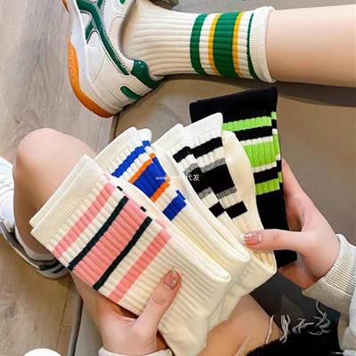 Women's Mid-Tube Stripe Socks - Spring/Autumn Trendy Korean Style, Perfect for Sports and Everyday Wear.