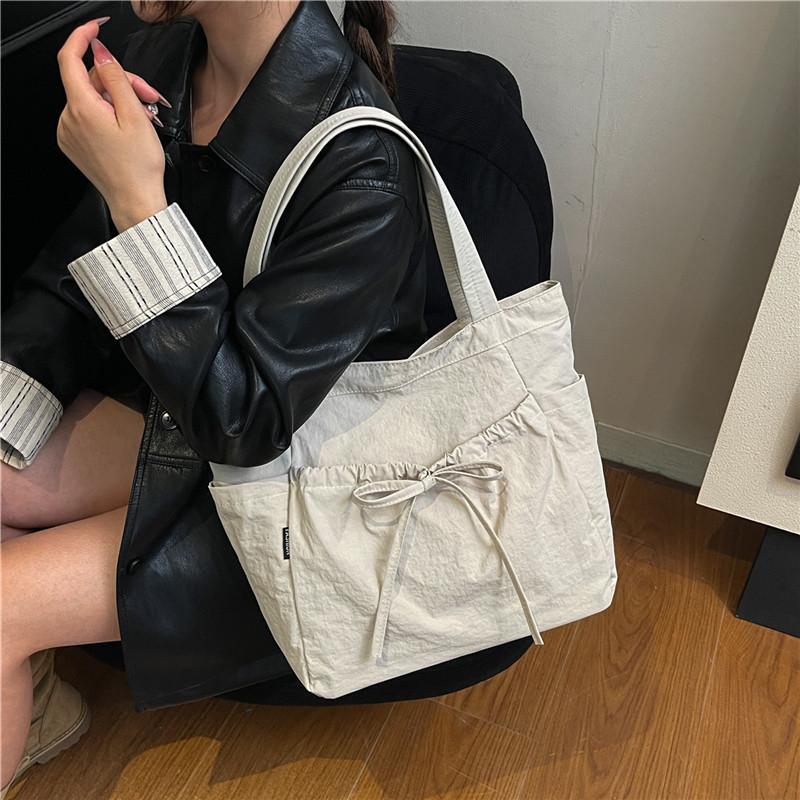 Large Capacity Canvas Tote Bag Women's Autumn New Casual Shoulder Bag Pleated College Student Class Bag