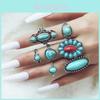 Vintage Etnisk Stil Legering Blad Ring Set Med Turkos Inlägg Modernt Och Unikt 8-delat Ring Set