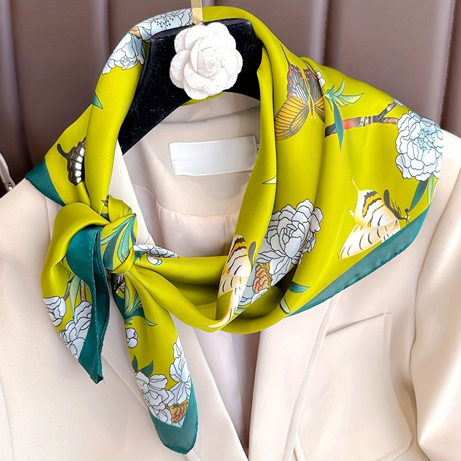 

Elegant Floral Imitation Print Silk Scarf Square Scarf Fashion Bandanna Versatile Shawl For Stylish Sunscreen Neck Wrap Scarves 70x70cm
