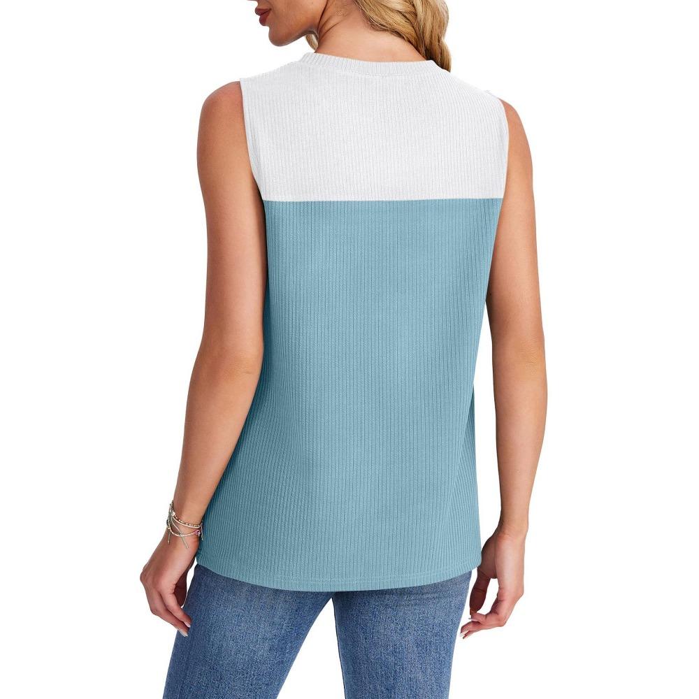 Women's Summer New Round Neck Color Blocked Sleeveless Top Short Sleeved Comfortable Vest