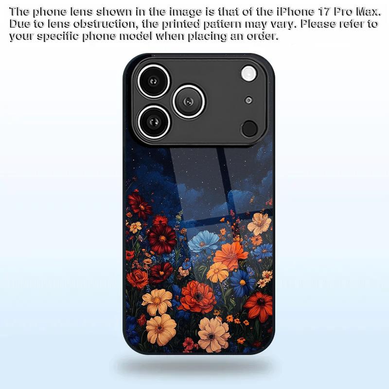 Dark Night Floral Pattern 2D Phone Case for iPhone 17 16 15 14 13 12 11 X XR XS Max Pro 8 Plus - Black Glass Protective Cover