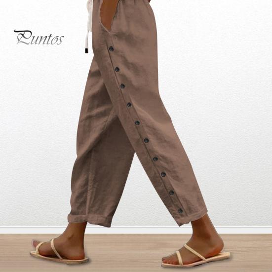 

Женские повседневные брюки, прямые широкие брюки, однотонные длинные брюки с карманами, эластичная талия, регулируемые брюки с застежкой на пуговицах M светло-серый