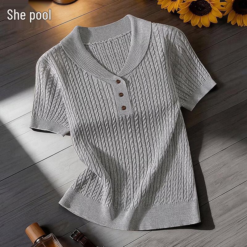 Tachic Women s Cable Knit Short Sleeve Polo Top One Size