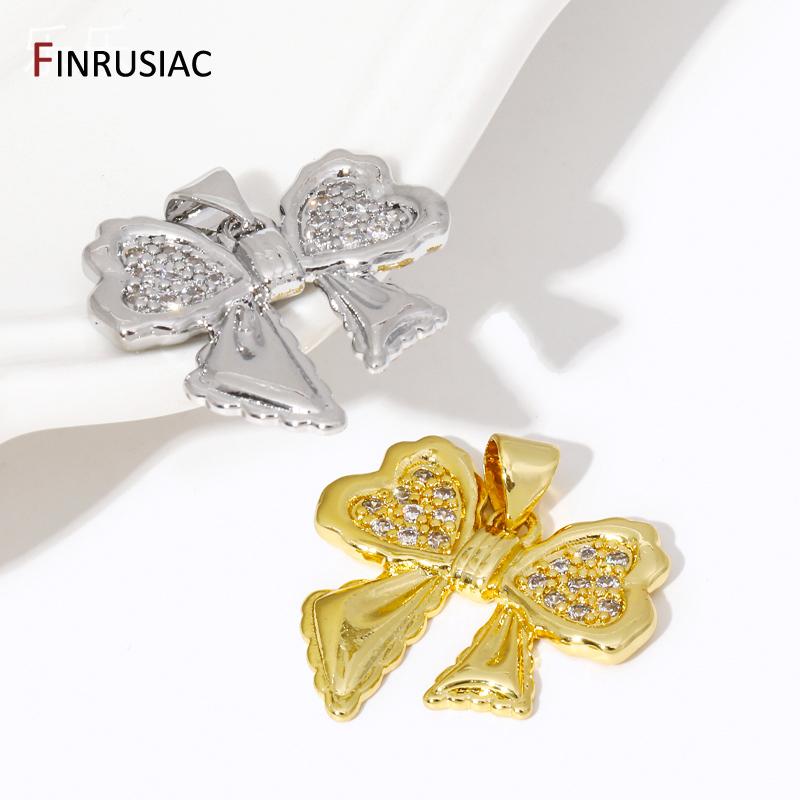 18K Gold Plated Brass Bowknot Charms Inlaid Zircon Butterfly Pendant For DIY Fashion Neckalce Making Supplies Accessories