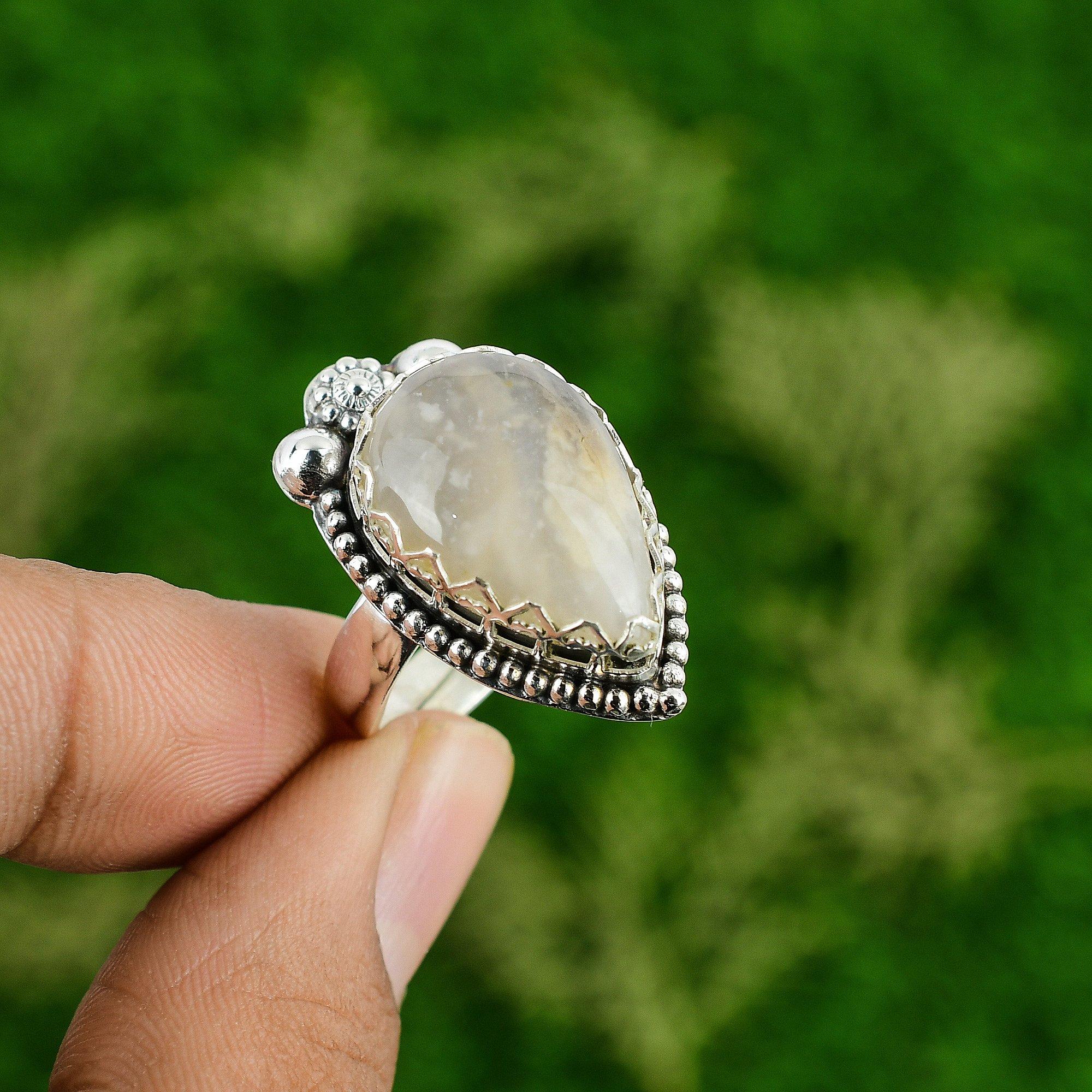 

925 Sterling Silver Natural Plume Agate Bezel New Statement Wedding Ring Jewelry Adjustable