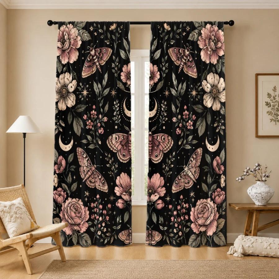 2PCS Digital Printed Curtains, Vintage Moths Flowers Crescent Moon Stars, Dark Boho Botanical Witchy Window Decor Living Room
