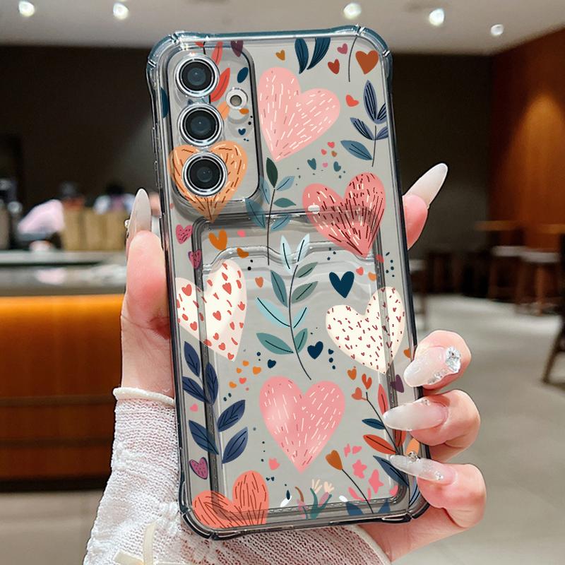 Pink Love Heart Leaves Print Clear Phone Case For Samsung Galaxy S26 S25 S24 S23 S22 Ultra S25 Edge S24 FE Card Bag Wallet Cover