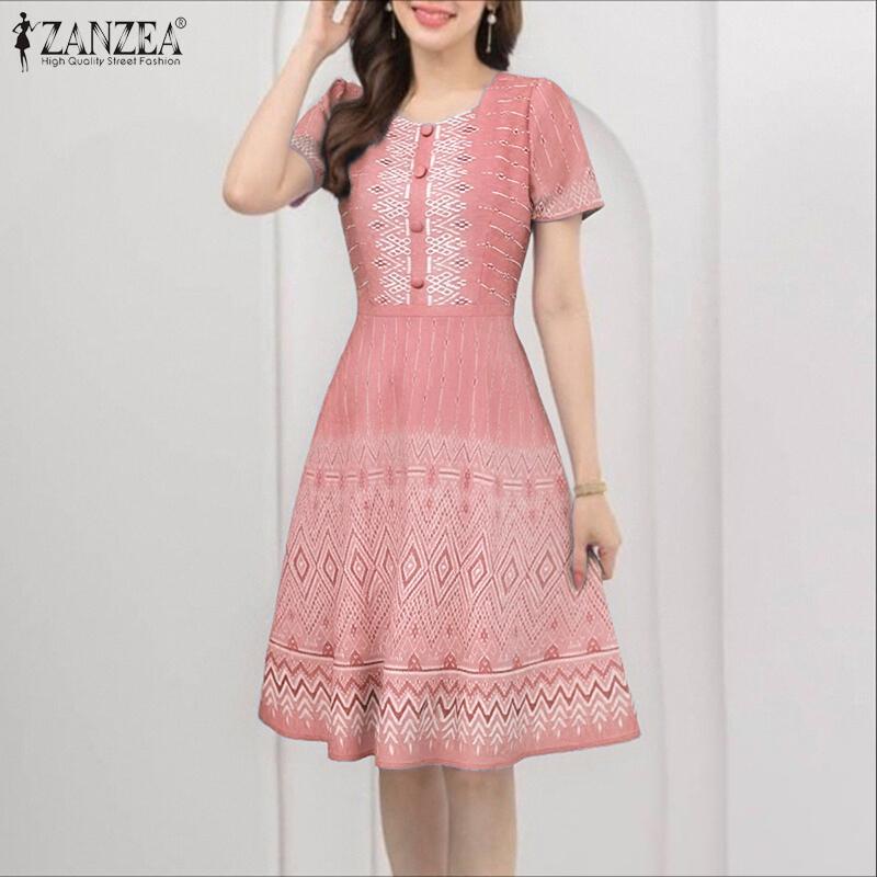 ZANZEA Women Casual Round Neck Short Sleeve Print Summer Dress
