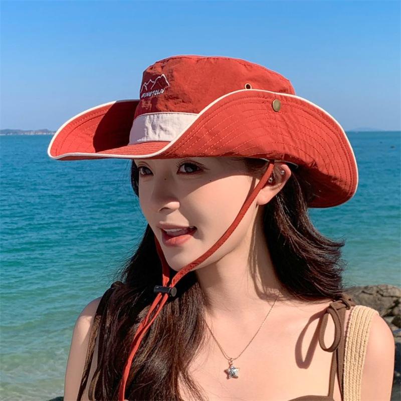 New letter color matching sun hat men's and women's sun protection breathable bucket hat versatile outdoor western cowboy mountaineering hat