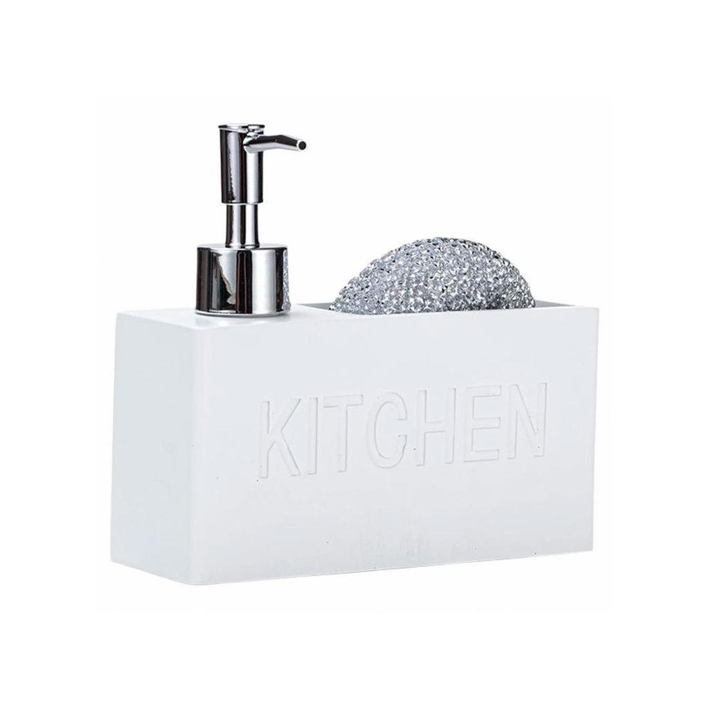 Dispenser Bianco in Resina per Sapone da Cucina e Igienizzante Mani con Porta Spugna
