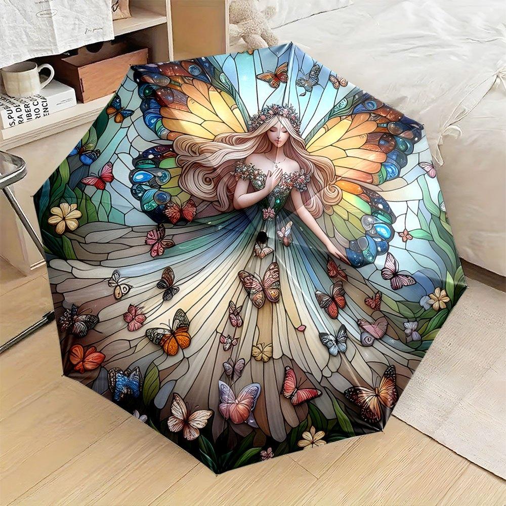 

Automatic Folding Umbrella with Fairy & Butterfly Wing Design - Stained- Style Color-Changing (Rainbow) Collapsible Parasol, 8 (as the picture,Iron&8K)